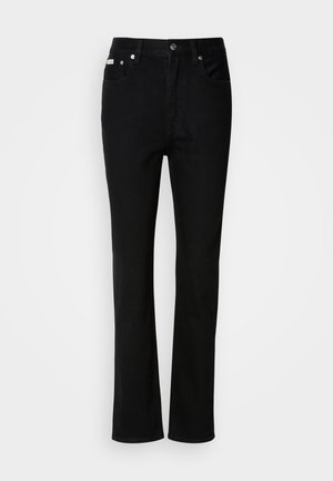 Jean en denim noir avec une coupe droite, style cinq poches, fermeture par bouton et zip, et accents métalliques discrets.