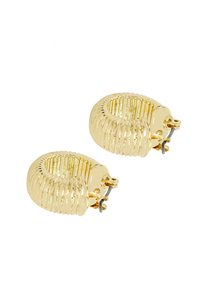 Gold-tone hoop earrings with a ribbed texture and a secure clasp closure. Features a circular design and shiny polished finish.