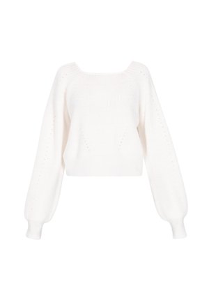 Fehér, kötött, cropped pulóver négyzet alakú nyakkivágással, hosszú, ballonujjakkal és finom textúrájú részletekkel.