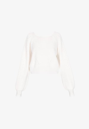 Fehér, kötött, cropped pulóver négyzet alakú nyakkivágással, hosszú, ballonujjakkal és finom textúrájú részletekkel.