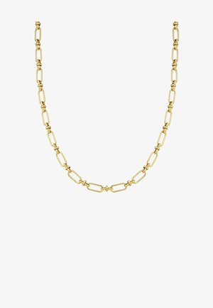 Zeltainas ķēdes kaklarota ar garenām saitēm ar gludu apdari. Katra saite ir ieausta ar maziem noapaļotiem mezgliem.