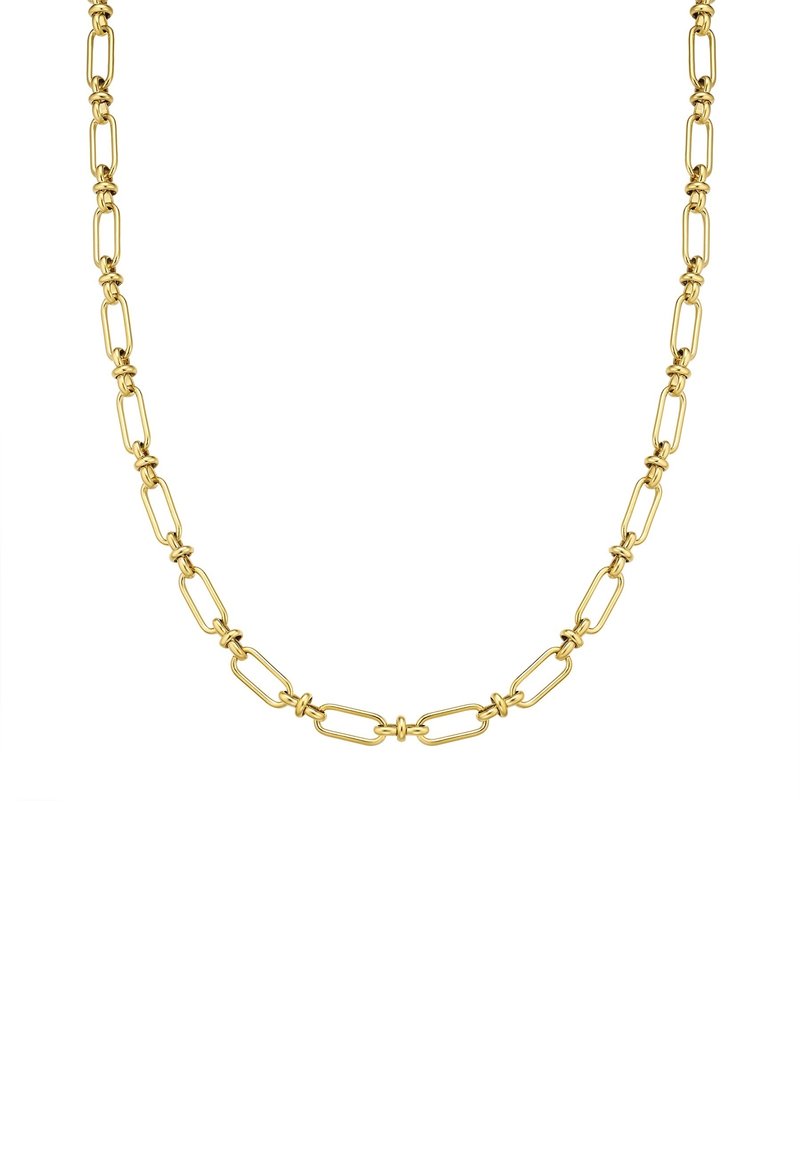 Zeltainas ķēdes kaklarota ar garenām saitēm ar gludu apdari. Katra saite ir ieausta ar maziem noapaļotiem mezgliem.