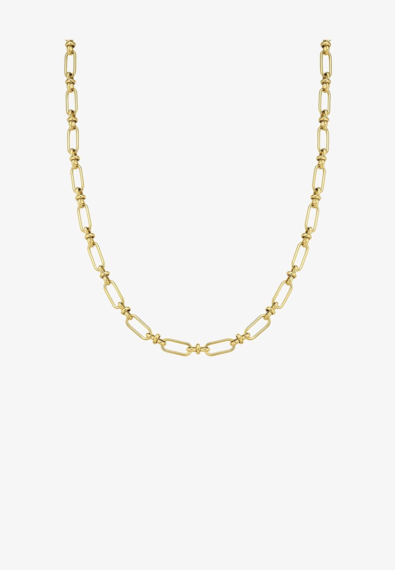 Zeltainas ķēdes kaklarota ar garenām saitēm ar gludu apdari. Katra saite ir ieausta ar maziem noapaļotiem mezgliem.