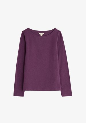 Camisa de manga larga morada hecha de tela suave, con un escote redondo y un ajuste relajado. Presenta un diseño simple y sólido, sin patrones.