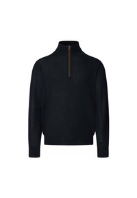 Pull noir à manches longues avec un col montant et une fermeture éclair frontale s'étendant à mi-poitrine, fabriqué en tissu fin en maille.