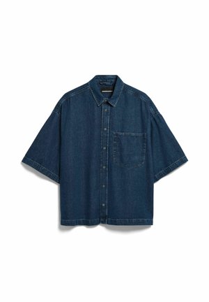 Dunkelblaues, kurzärmliges Denimhemd mit Druckknöpfen, einer Brusttasche auf der linken Seite und einem klassischen Kragen.