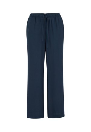 Pantalon bleu marine à jambes larges avec une texture douce, doté d'une taille élastique et d'un cordon de serrage pour un ajustement réglable.