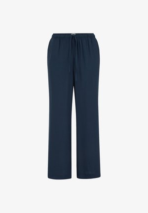 Tumesinised laia lõikega püksid pehme tekstuuriga, millel on elastne vöökoht ja pael reguleeritava sobivuse jaoks.