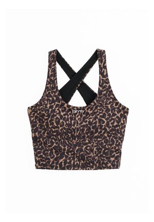 Reggiseno sportivo con stampa leopardata e spalline incrociate nere, realizzato in un materiale liscio ed elastico; presenta un collo rotondo e una forma aderente.