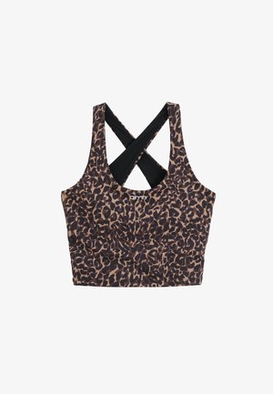 Reggiseno sportivo con stampa leopardata e spalline incrociate nere, realizzato in un materiale liscio ed elastico; presenta un collo rotondo e una forma aderente.