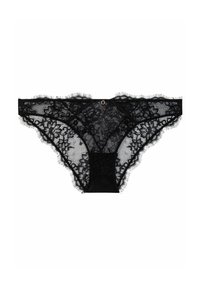 String noir en dentelle avec des motifs floraux, des bords festonnés et un panneau opac central. Détail avec un petit accent en forme d'anneau doré.