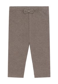 Leggings marroni per bambini con un piccolo fiocco in tessuto abbinato all'elastico in vita, realizzati in morbido materiale a maglia.