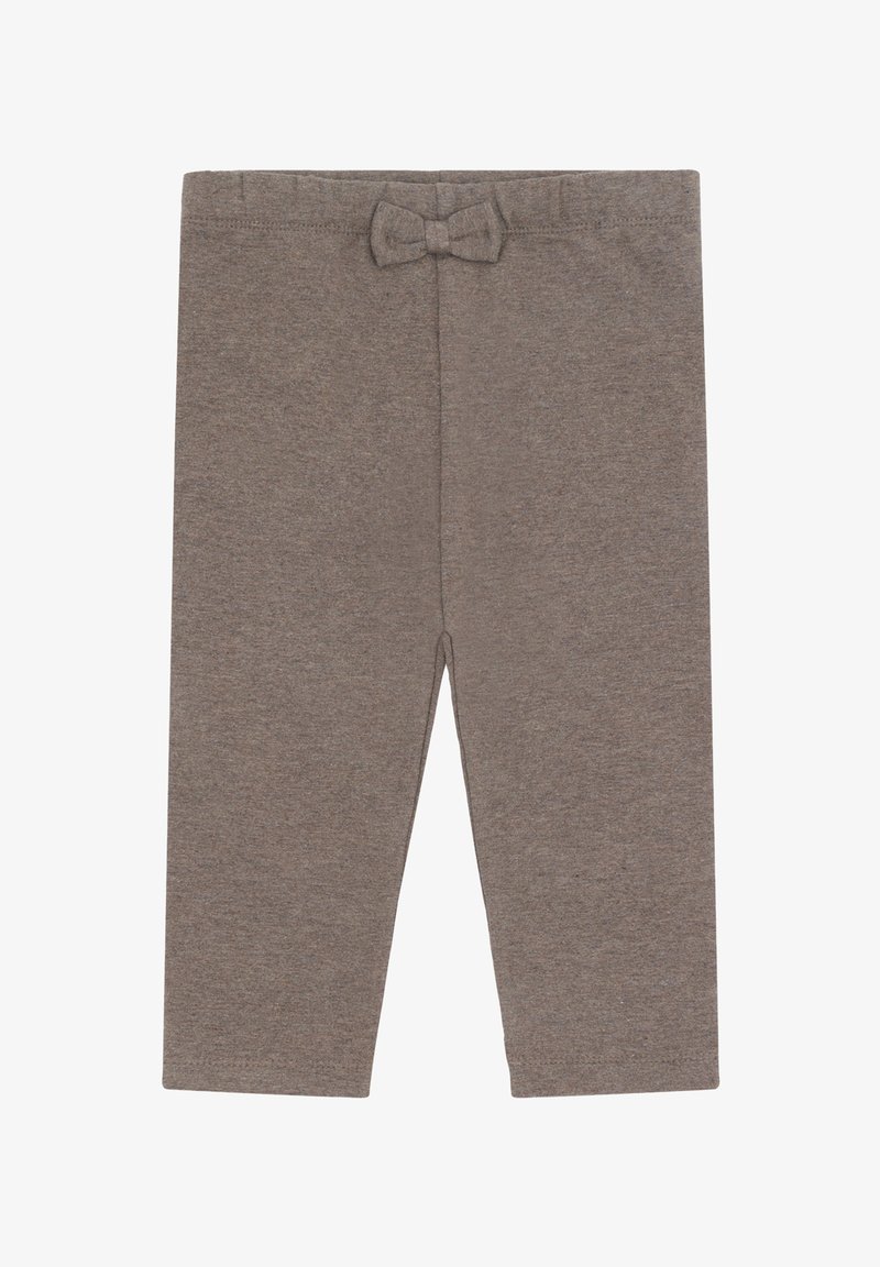 Leggings marroni per bambini con un piccolo fiocco in tessuto abbinato all'elastico in vita, realizzati in morbido materiale a maglia.