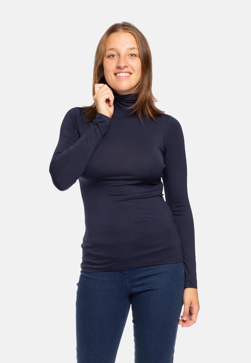 Maglia a collo alto navy a maniche lunghe, dal design aderente, realizzata in tessuto morbido, con un aspetto senza cuciture e collo alto.