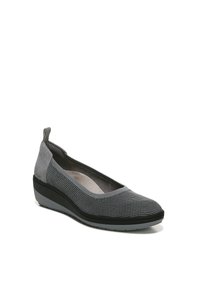 Gray wedge shoe with a textured mesh upper and smooth suede accents. Features a rounded toe and cushioned insole for comfort.
