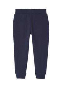 Marineblaue Sweatpants aus weichem Stoff, mit einem elastischen Bund und gerippten Abschlüssen, im einfachen, klaren Design.