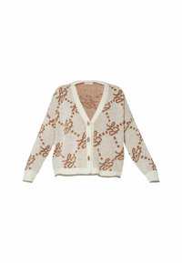 Cárdigan de punto en crema con un patrón floral marrón, escote en V, mangas largas y cuatro botones en la parte delantera. Puños y dobladillo acanalados.