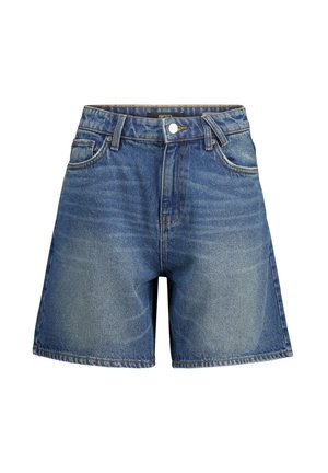 Farkkuhousut vaaleansinisinä, joissa on vaalennettu pinta, viisi taskua, erivärinen ompelu ja nappikiinnitys vyötäröllä.