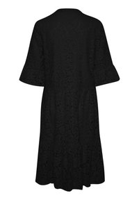Black lace dress with a floral pattern, flared sleeves, and a knee-length hem. The fabric features a textured, intricate design.
