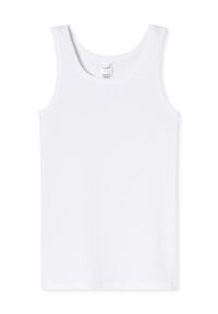 White cotton sleeveless tank top with a round neckline and a small brand label inside the collar.