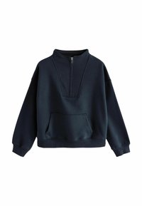 Dark navy pullover sweatshirt with half-zip front, high collar, long sleeves, ribbed cuffs, and a front kangaroo pocket.