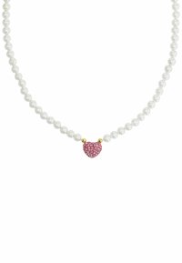 Collana di perle d'acqua dolce con un pendente centrale a forma di cuore rosa, decorato con strass e completato da accenti dorati.