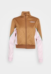 Brown satin bomber jacket with a high collar, pink sleeves, green accent, zip closure, and embroidered logo on the chest.