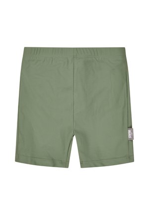 Olive green elastic waistband shorts with tag on side seam, designed for children, flat lay on white background.