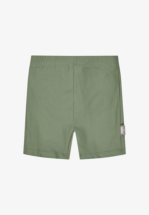 Olive green elastic waistband shorts with tag on side seam, designed for children, flat lay on white background.