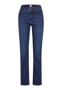 Jeans en denim taille haute, coupe droite. Couleur bleu foncé, décoloration subtile et bouton doré avec quatre poches avant.