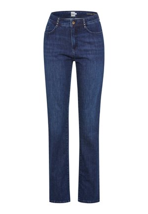 Jeans aus Denim mit hoher Taille und geradem Beinschnitt. Dunkelblaue Farbe, dezente Ausbleichungen und ein goldfarbener Knopf mit vier Fronttaschen.