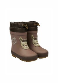 Las botas de lluvia de goma rosa presentan una parte superior plegable en marrón, una suela texturizada y un diseño decorativo de llama en el lateral. Incluye un cordón ajustable.