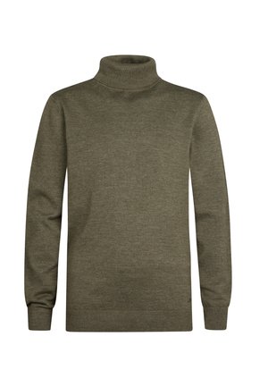 Olivově zelený rolák vyrobený z měkké, texturované látky. Má dlouhé rukávy a žebrované manžety a lem pro vysoce přiléhavý siluetu.