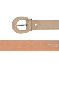 Beiger Leder-Gürtel mit strukturierter Oberfläche, ausgestattet mit einer runden Schnalle und einer glatten Unterseite. Graviertes Logo: "VERA PELL MADE IN ITALY."
