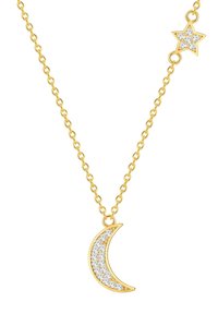 Arany lánc nyaklánc, félhold alakú medállal, tiszta kristályokkal díszítve, valamint egy csillag charm-al, mindez egy fényes felülettel.
