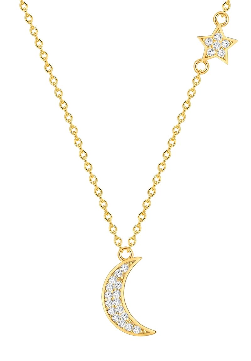 Arany lánc nyaklánc, félhold alakú medállal, tiszta kristályokkal díszítve, valamint egy csillag charm-al, mindez egy fényes felülettel.
