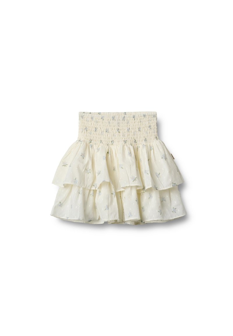 Gonna in cotone ivoriano con motivo floreale, dotata di una vita smock, caratterizzata da tre strati di volant e una finitura morbida e testurizzata.