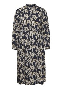 Marinblå klänning med långa ärmar och krage, med ett blommönster i krämfärgad och guld. Lättviktsmaterial, smal midja och knäppning med knappar.