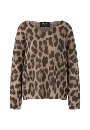 Leopard print sweater in beige and brown. Soft, textured fabric with a relaxed fit, wide neckline, and long sleeves.
