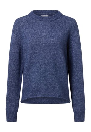 Pull en tricot bleu avec un col rond, des manches longues et un ourlet légèrement court. Texture douce avec une finition chinée.