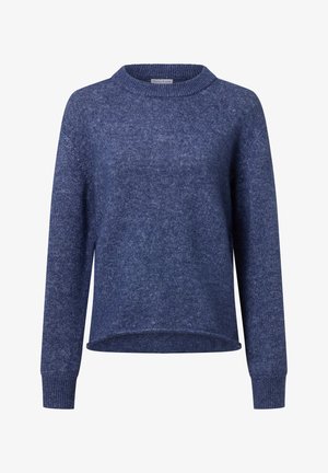 Blauwe gebreide trui met een ronde halslijn, lange mouwen en een iets verkorte zoom. Zachte textuur met een gemêleerde afwerking.