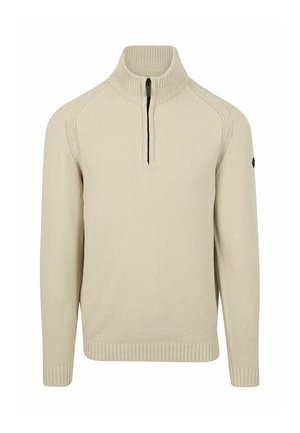 Cream-colored knitted sweater with a high collar and a short black zipper at the front center, long sleeves, and ribbed cuffs and hem.