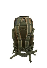 Camouflage backpack with padded mesh back, adjustable straps, and multiple attachment points. Made from durable fabric in earth tones.