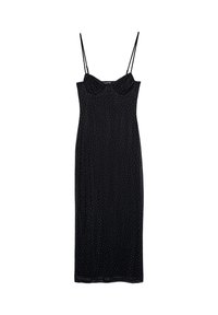 Czarna sukienka na ramiączkach z cienkimi, regulowanymi paskami, teksturowana tkanina, wzór w kropki i dopasowany krój sięgający do połowy łydki.