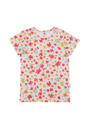 Short-sleeve white t-shirt with bright red, orange, yellow, and teal floral pattern, crew neck, and a small side tag.