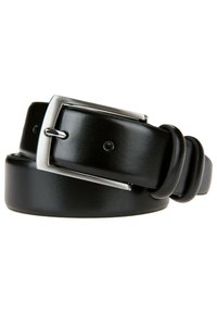 Czarny skórzany pasek o gładkiej fakturze, z prostokątną srebrną metalową klamrą i wieloma otworami do regulacji rozmiaru.