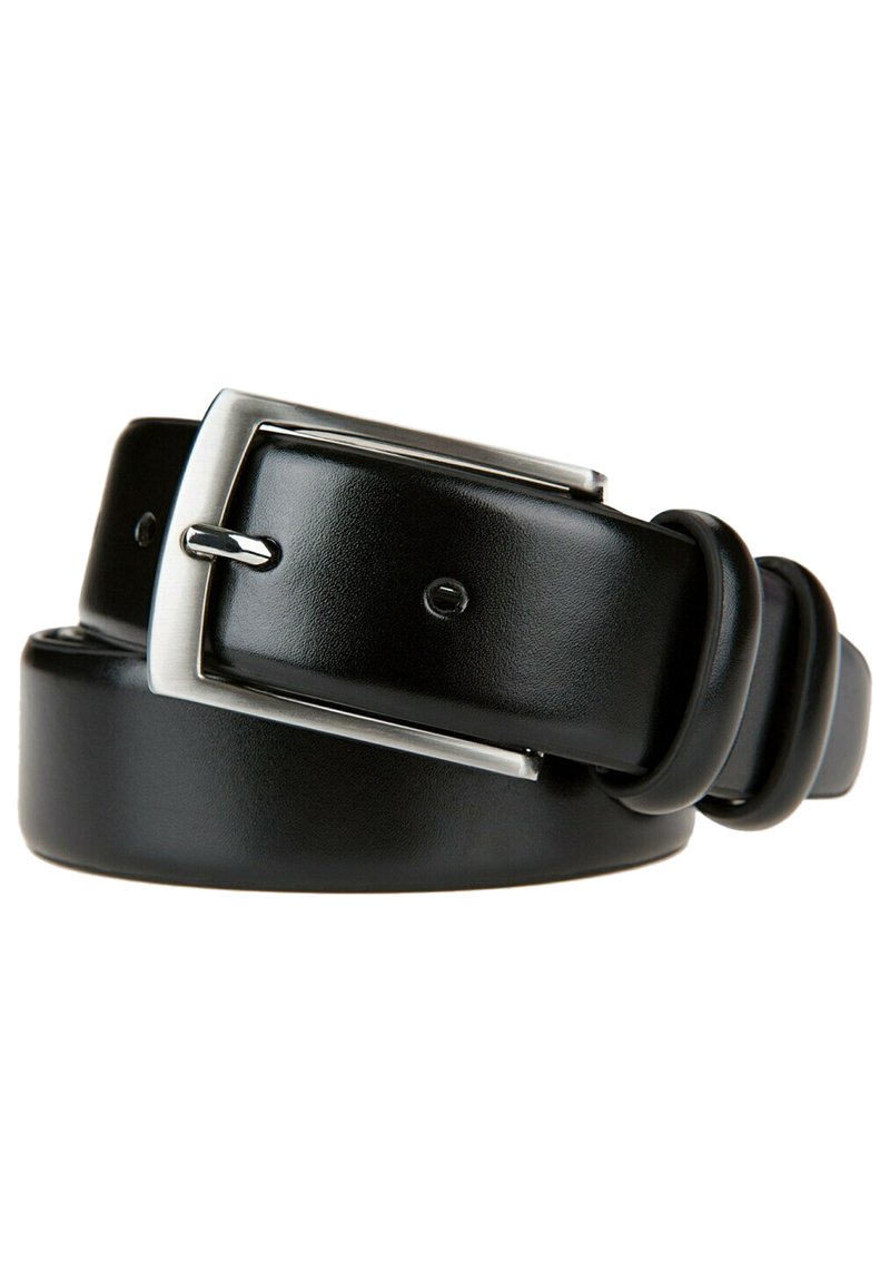 Czarny skórzany pasek o gładkiej fakturze, z prostokątną srebrną metalową klamrą i wieloma otworami do regulacji rozmiaru.