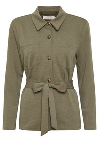 Olivgrünes, knöpfbares Hemdjacke mit langen Ärmeln, Kragen und zwei Brusttaschen. Verfügt über einen passenden, mit Gürtel gebundenen Bindegürtel in der Taille.