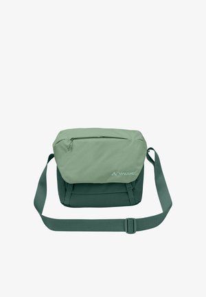 Sac bandoulière vert bicolore avec sangle réglable et poche zippée à l'avant, logo de la marque VAUDE visible sur le rabat.