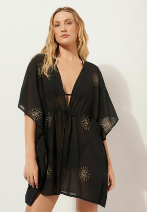 Black sheer kimono with a V-neck, cinched waist, and gold starburst embroidery. Loose sleeves and a relaxed fit for comfortable wear.